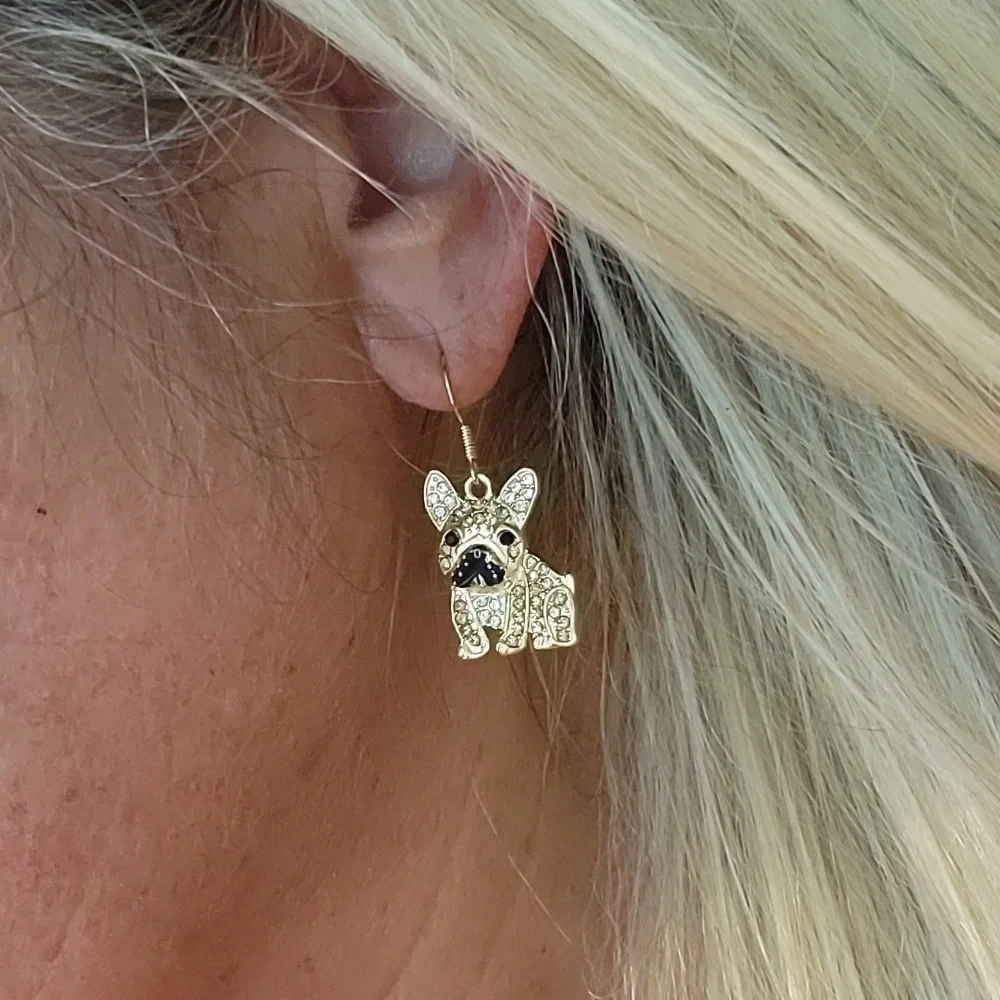 🔥LAST PAIR🔥 FRENCH BULLDOG SPARKLE DROP EARRINGS - Picture 3 of 6